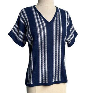 70s vintage stripe sweater shirt short sleeve hippy boho v-neck cableknit top.